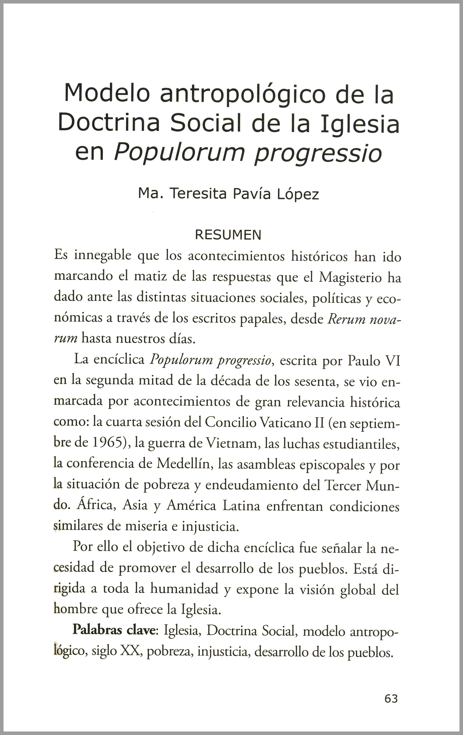 Modelo antropológico de la doctrina social de la Iglesia en Populorum  progressio | Hospitalidad ESDAI