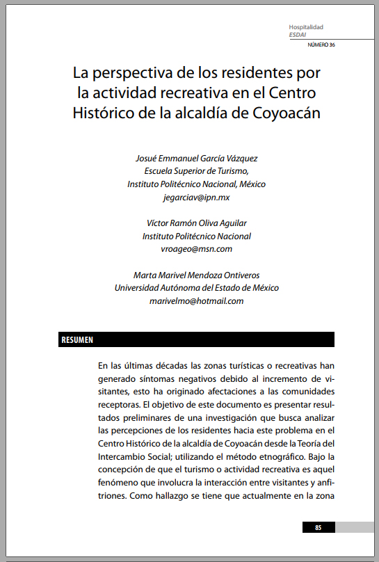 36_4 La perspectiva de los residentes por la actividad recreativa en el Centro Histórico de la alcaldía de Coyoacán