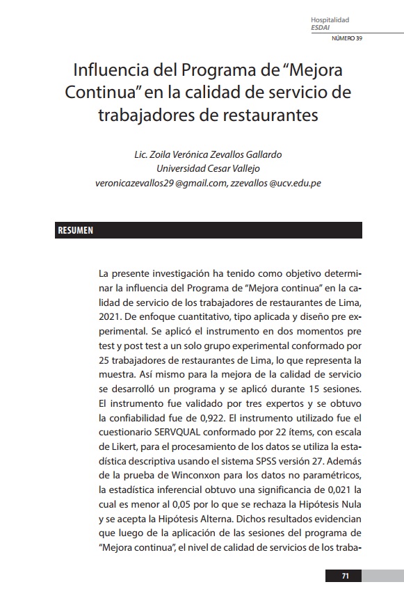 Influencia del Programa de “Mejora Continua” en la calidad de servicio de trabajadores de restaurantes