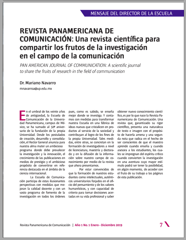 Revista Panamericana de Comunicación : una revista científica para compartir los frutos de la investigación en el campo de la comunicación